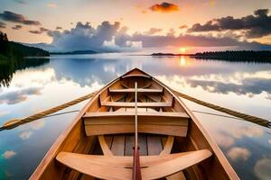 uma canoa é flutuando em uma lago às pôr do sol. gerado por IA foto