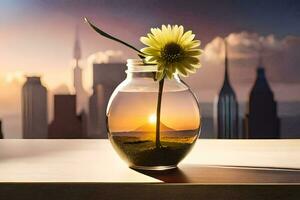 uma vaso com uma flor dentro isto e uma cidade dentro a fundo. gerado por IA foto