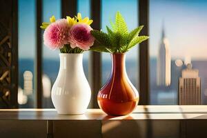 dois vasos com flores em uma mesa dentro frente do uma paisagem urbana. gerado por IA foto