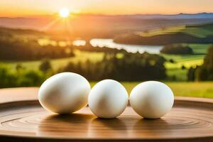 três ovos em uma de madeira bandeja com uma pôr do sol dentro a fundo. gerado por IA foto