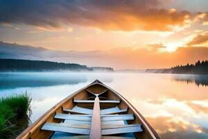 a barco é em a lago às pôr do sol. gerado por IA foto