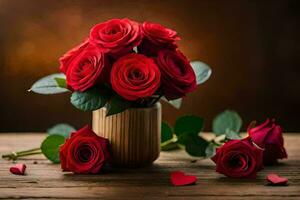 vermelho rosas dentro uma de madeira vaso em uma mesa. gerado por IA foto