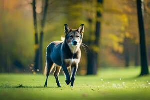 uma cachorro corrida através uma campo dentro a madeiras. gerado por IA foto