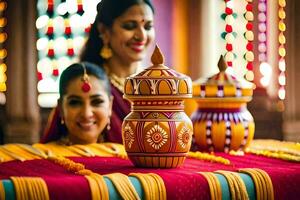 dois mulheres dentro tradicional indiano vestuário estão sentado em uma mesa com colorida decorações. gerado por IA foto