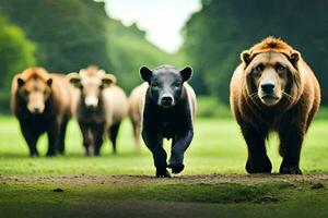 uma grupo do Castanho ursos caminhando dentro uma campo. gerado por IA foto