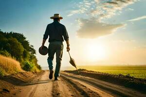 uma homem dentro uma vaqueiro chapéu caminhando baixa uma sujeira estrada. gerado por IA foto