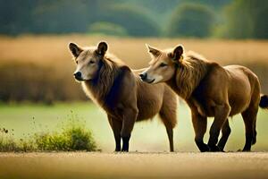 dois Castanho animais caminhando dentro a campo. gerado por IA foto