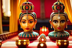 dois estátuas do indiano mulheres sentado em uma mesa. gerado por IA foto