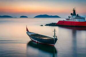 uma barco é ancorado às a costa do uma corpo do água. gerado por IA foto