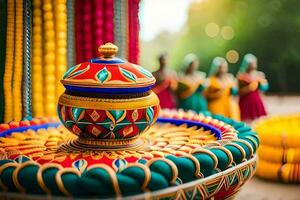 colorida cerâmica em exibição às uma festival. gerado por IA foto