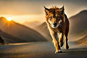 uma Lobo caminhando em a estrada às pôr do sol. gerado por IA foto