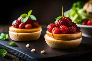 dois mini cheesecakes com bagas em topo. gerado por IA foto