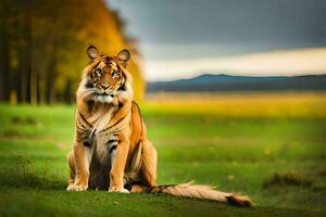 uma tigre sentado dentro a grama. gerado por IA foto