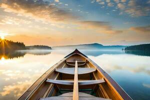 a barco é em a calma água às pôr do sol. gerado por IA foto