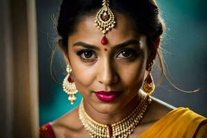 uma lindo indiano mulher vestindo uma ouro colar e brincos. gerado por IA foto