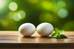dois ovos em uma de madeira mesa com uma verde folha. gerado por IA foto