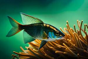 uma peixe é natação dentro a embaixo da agua mar anêmona. gerado por IA foto