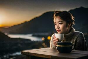 uma mulher bebendo café às pôr do sol. gerado por IA foto