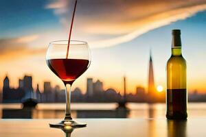 uma vidro do vinho e uma garrafa do vinho em uma mesa com uma cidade Horizonte dentro a fundo. gerado por IA foto