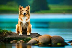 uma cachorro sentado em uma Rocha dentro frente do uma lago. gerado por IA foto