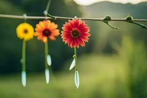 colorida flores suspensão a partir de uma varal de roupas. gerado por IA foto