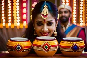 uma mulher dentro tradicional indiano vestir é segurando três potes. gerado por IA foto