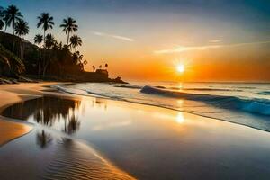 a Sol conjuntos sobre a oceano e Palma árvores em uma de praia. gerado por IA foto