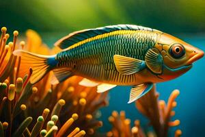 peixe dentro aquário com coral e plantas. gerado por IA foto