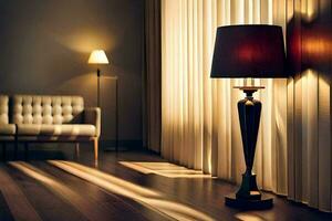 uma luminária é sentado em uma de madeira chão dentro frente do uma janela. gerado por IA foto