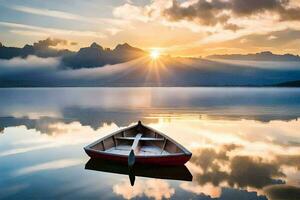 uma barco senta em a água às pôr do sol. gerado por IA foto