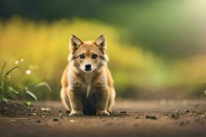 uma pequeno Castanho cachorro sentado em a terra dentro a meio do uma campo. gerado por IA foto