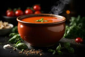 tradicional tomate sopa com manjericão dentro uma tigela em Sombrio fundo. comercial promocional Comida foto. ai generativo foto