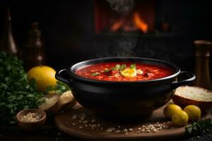 tradicional ucraniano borscht em Sombrio fundo. comercial promocional Comida foto. ai generativo foto