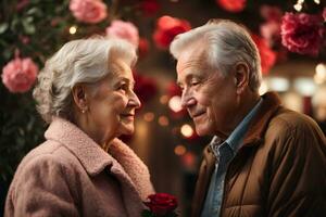 feliz Senior casal dentro amor em dia dos namorados dia. ai generativo foto