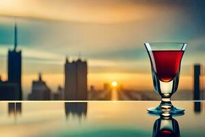 uma vidro do vermelho vinho em uma mesa dentro frente do uma cidade Horizonte. gerado por IA foto