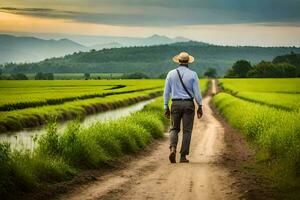 uma homem dentro uma chapéu anda em baixa uma sujeira estrada dentro uma arroz campo. gerado por IA foto