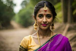 uma mulher dentro uma sari poses para uma retrato. gerado por IA foto