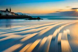 uma grandes exposição fotografia do a oceano às pôr do sol. gerado por IA foto