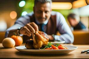 uma homem é comendo uma frango em uma placa. gerado por IA foto