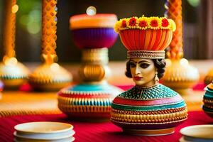 uma mesa com colorida vasos e tigelas. gerado por IA foto