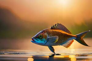 uma peixe é em pé em a água às pôr do sol. gerado por IA foto