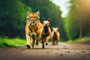 uma tigre e dois cachorros corrida em uma estrada. gerado por IA foto