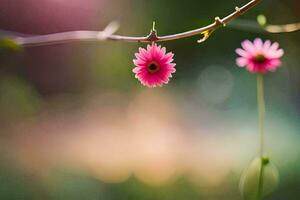 dois Rosa flores estão em uma ramo. gerado por IA foto