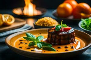 uma prato do Comida com carne e legumes em uma mesa. gerado por IA foto