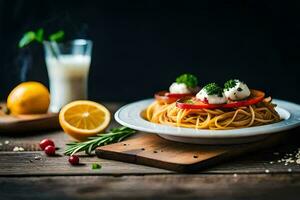 espaguete com tomates e queijo em uma placa. gerado por IA foto