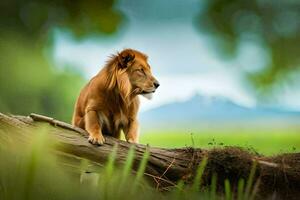 uma leão é sentado em uma registro dentro a grama. gerado por IA foto