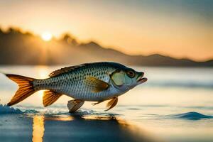 uma peixe é em pé em a de praia às pôr do sol. gerado por IA foto