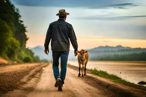 uma homem caminhando com uma vaca em uma sujeira estrada. gerado por IA foto