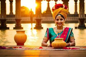 uma mulher dentro tradicional indiano vestuário sentado de uma lago. gerado por IA foto