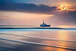 uma barco é Navegando em a oceano às pôr do sol. gerado por IA foto